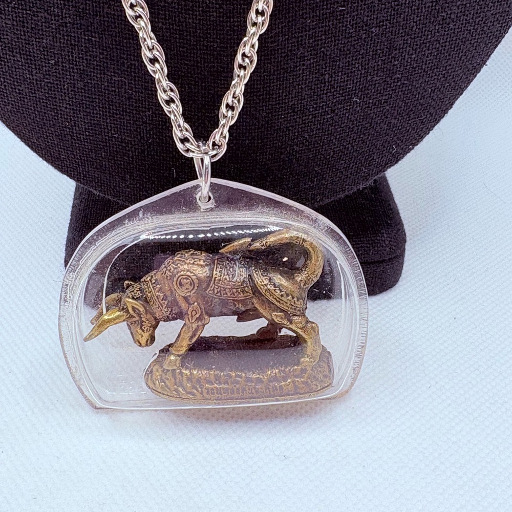 Vintage Thai Bull Amulet In Case 24” Silvertone Chain Monk LP Kalong Talisman